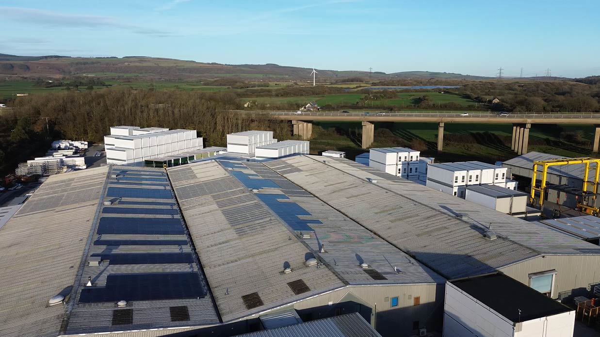 Image of Wernick Buildings factory in Kenfig with solar panels on the factory roof