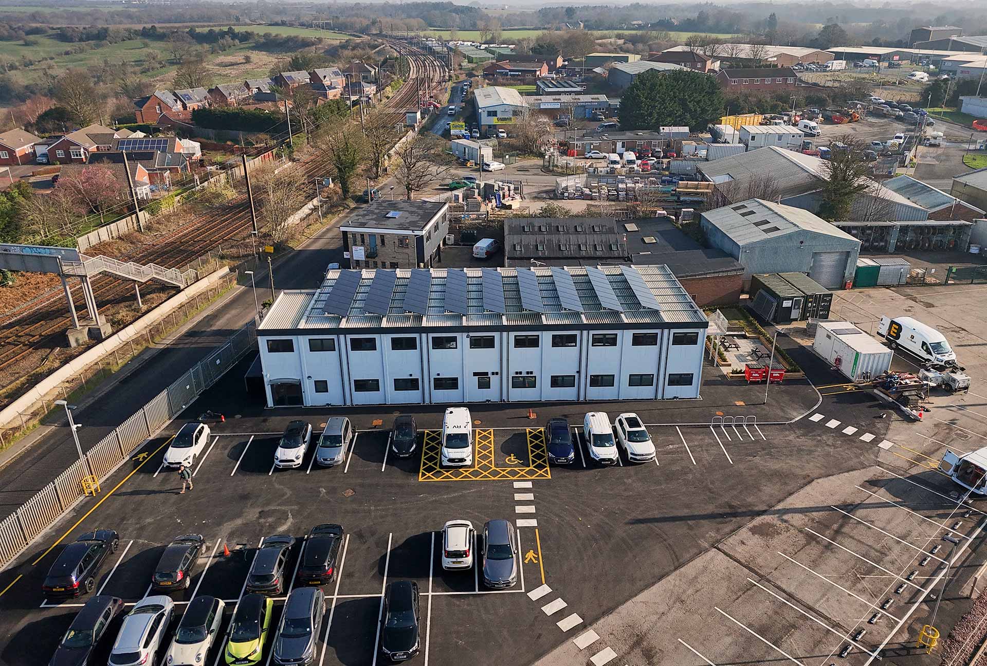 Image of refurbished modular building with solar panels