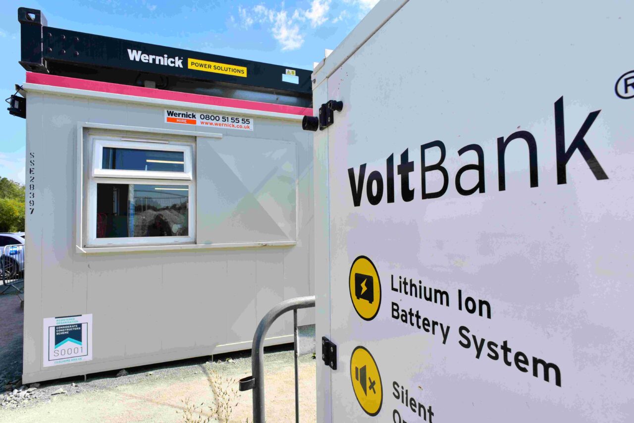 Wernick Power Solutions Voltbank battery storage unit and SolarFrame on Wernick Hire cabin